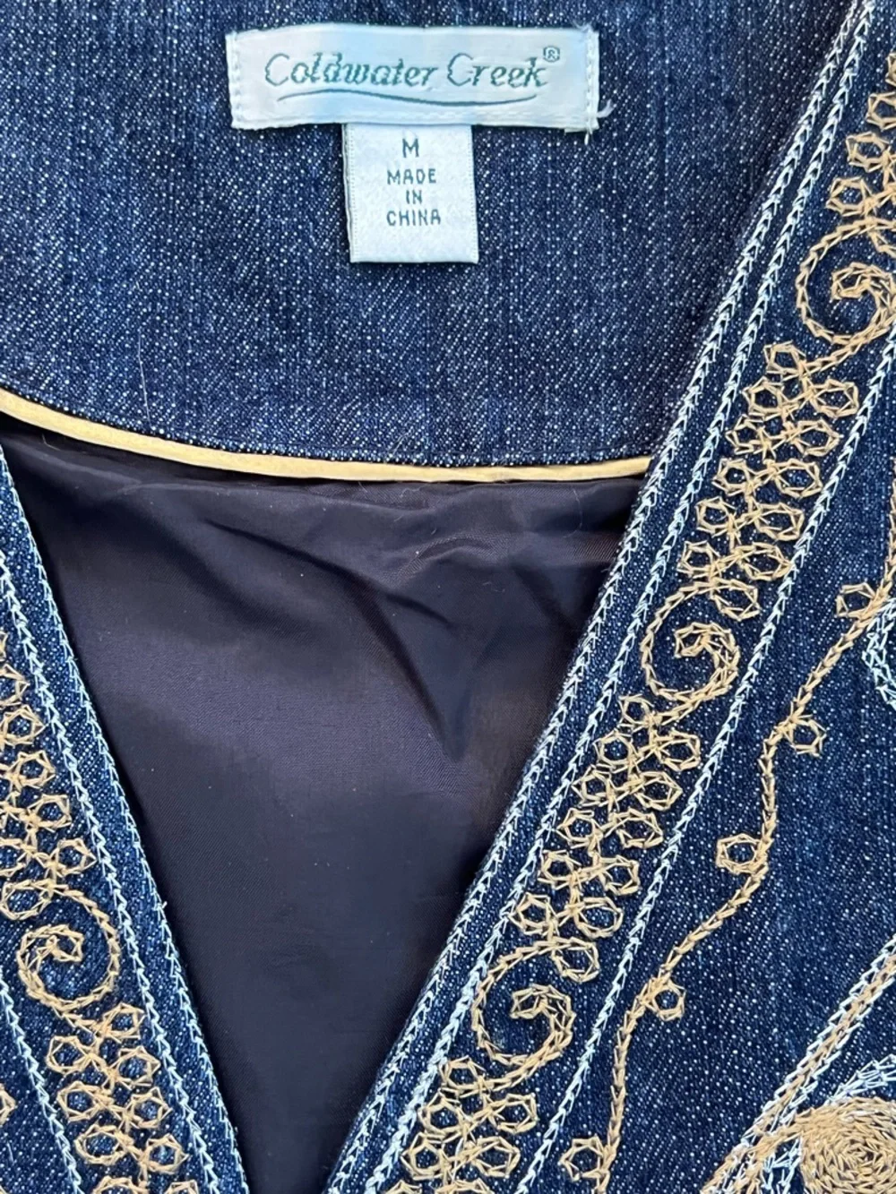 Coldwater Creek Navy Denim Vest with Gold Embroidery - Picture 4 of 7